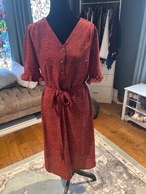 Monteau Red Button-Front Midi Dress with Tie Waist